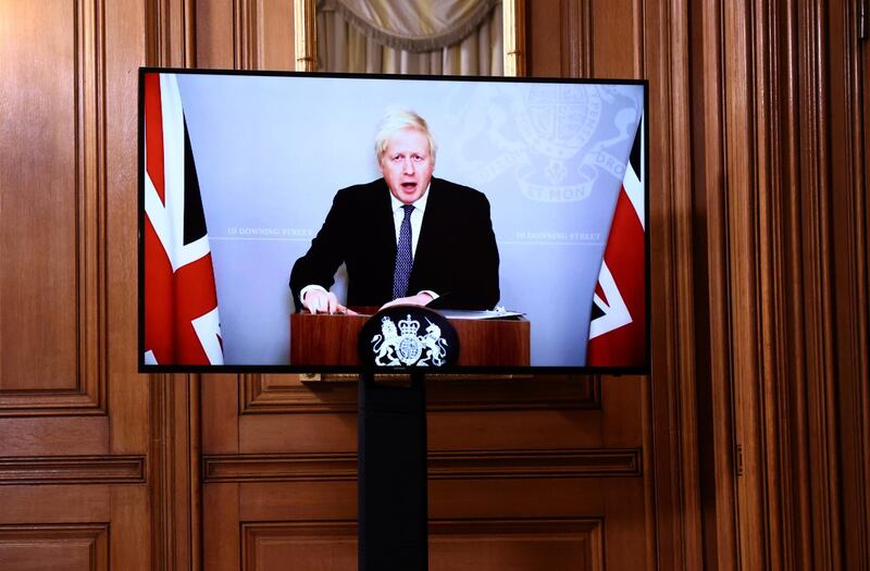 LONDON, UNITED KINGDOM - NOVEMBER 23:  Britain's Prime Minister Boris Johnson attends (on screen) a virtual news conference on the ongoing situation with the coronavirus disease (COVID-19) at Downing Street on November 23, 2020 in London, England.  UK Prime Minister, Boris Johnson announced plans for new coronavirus restrictions to the House of Commons, to be implemented once the current lockdown comes to an end on December 2nd.  (Photo by Henry Nicholls/WPA Pool/Getty Images)