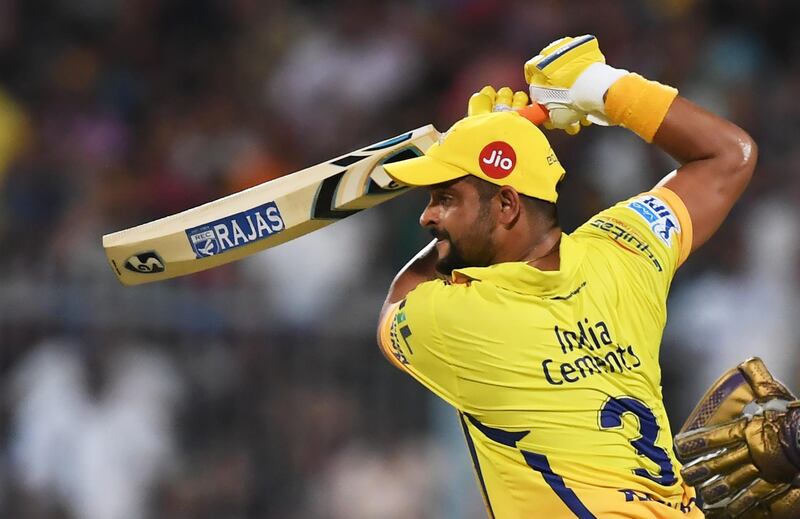 Chennai Super Kings cricketer Suresh Raina plays a shot during the 2018 Indian Premier League (IPL) Twenty20 cricket match between Kolkata Knight Riders and Chennai Super Kings  at The Eden Gardens Cricket Stadium in Kolkata on May 3, 2018. (Photo by Dibyangshu SARKAR / AFP) / ----IMAGE RESTRICTED TO EDITORIAL USE - STRICTLY NO COMMERCIAL USE----- / GETTYOUT