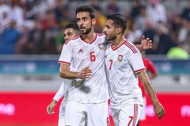 UAE's forward Ali Mabkhout, right, celebrates his goal with teammate Yousif Jaber during the Arabian Gulf Cup Group A match against Yemen. AFP