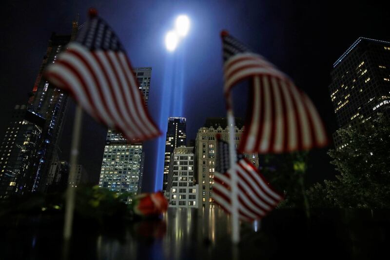 The Tribute in Light installation is illuminated over lower Manhattan as seen from The National September 11 Memorial. Reuters