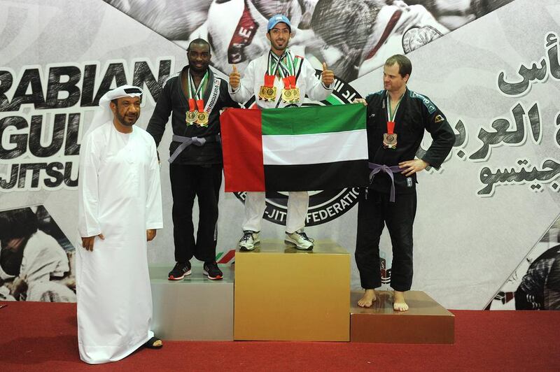 Ahmed Suhail Al Ketbi, centre, collected his biggest medal haul in a single competition during the Arabian Gulf Jiu-Jitsu Championship in September. Photo by Abdullateef Al Marzouqi 