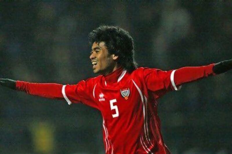 Haboosh Saleh celebrates after scoring the winning goal against Uzbekistan to put the UAE in the London 2012 Olympics.