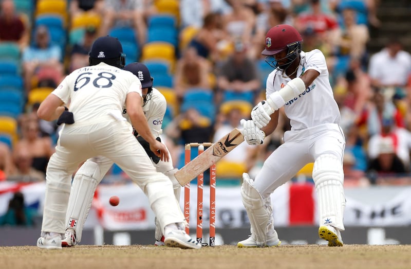 Kraigg Brathwaite hits a shot off the bowling of Jack Leach during the Day 3 of the second Test between West Indies and England. Reuters