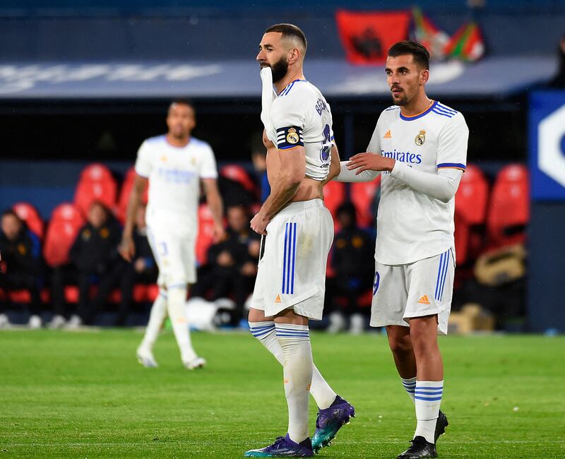 Karim Benzema reacts after missing a penalty against Osasuna. AFP