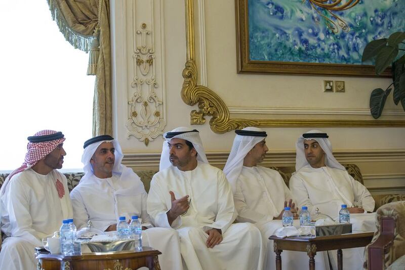 (L-R) Sheikh Nahyan bin Zayed, Chairman of the Board of Trustees of Zayed bin Sultan Al Nahyan Charitable and Humanitarian Foundation, Lt Gen Sheikh Saif bin Zayed, Deputy Prime Minister and Minister of Interior, Sheikh Hamed bin Zayed, Chairman of the Crown Prince Court of Abu Dhabi and Abu Dhabi Executive Council Member, Sheikh Omar bin Zayed, Deputy Chairman of the Board of Trustees of Zayed bin Sultan Al Nahyan Charitable and Humanitarian Foundation and Sheikh Khaled bin Zayed, Chairman of the Board of Zayed Higher Organization for Humanitarian Care and Special Needs (ZHO), attend a Sea Palace barza. Mohamed Al Hammadi / Crown Prince Court — Abu Dhabi