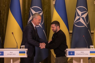 Ukrainian President Volodymyr Zelenskyy and Secretary General of Nato Jens Stoltenberg shake hands in Kyiv in April. Getty Images