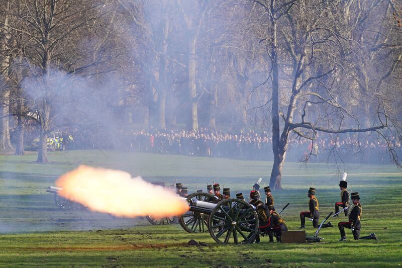 Members of the King's Troop, Royal Horse Artillery fire a gun salute in Green Park, to mark the official start of the platinum jubilee. AP Photo