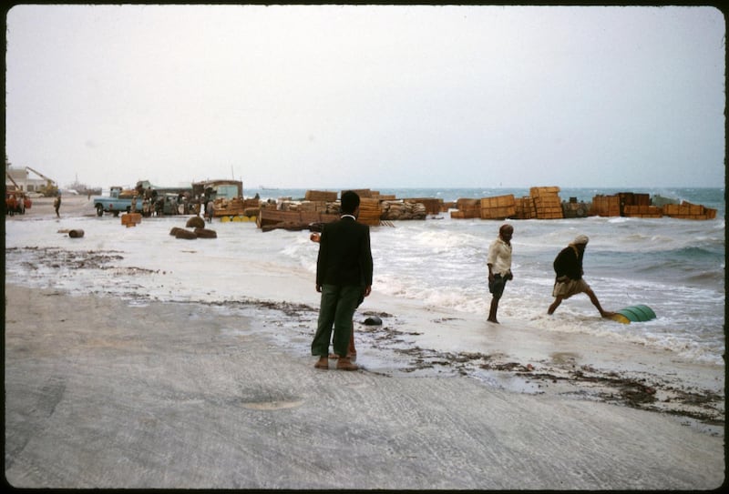 What we now know as Abu Dhabi Corniche, at some point between 1962 and 1964. There was no port then, meaning larger ships anchored offshore, and smaller vessels brought goods to land. The island was also then prone to tidal flooding. Photo: David Riley