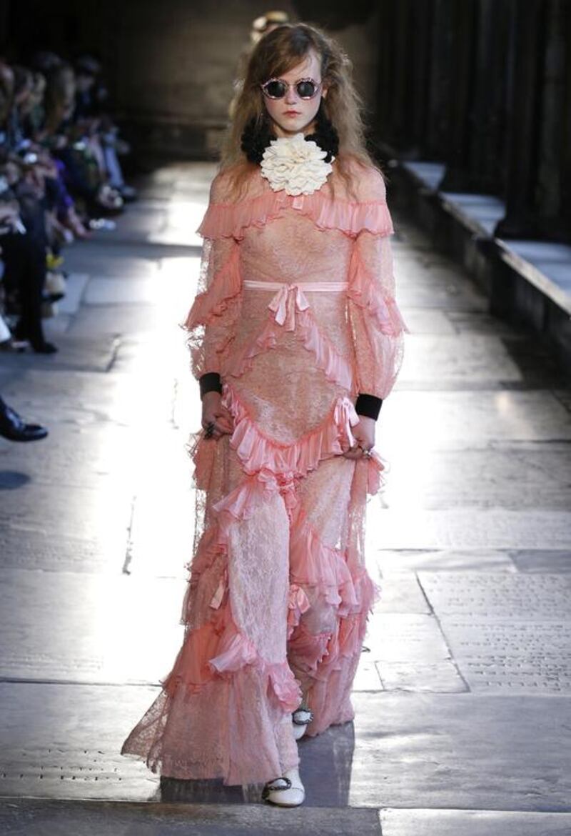 High Gothic Victorian ruffles for Look 55 at the Gucci Cruise Collection 2017. Courtesy Gucci.