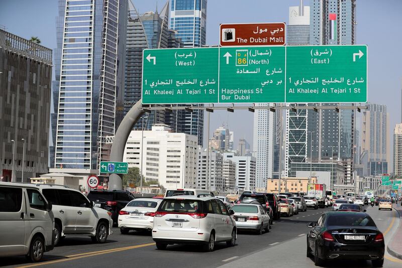 Dubai, United Arab Emirates - October 31, 2019: Traffic stock of Business bay. Thursday the 31st of October 2019. Business Bay, Dubai. Chris Whiteoak / The National