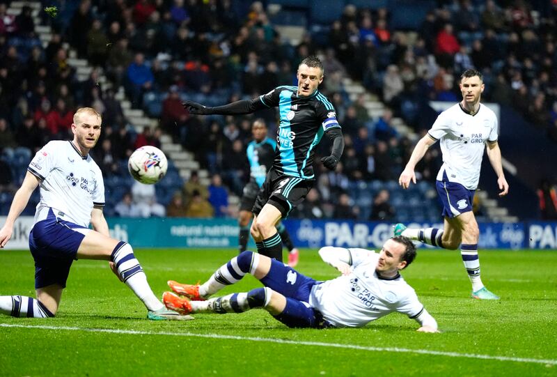 Jamie Vardy scores Leicester's first goal against Preston at Deepdale. PA