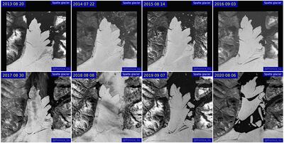 A combination picture shows satellite images of the Spalte glacier disintegration between 2013 and 2020. EU Copernicus and GEUS/Handout via REUTERS NO RESALES. NO ARCHIVES. THIS IMAGE HAS BEEN SUPPLIED BY A THIRD PARTY. MANDATORY CREDIT