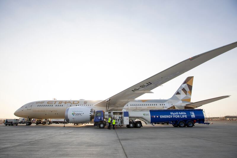 The Etihad plane that flew from Abu Dhabi to Amsterdam using biofuel, the first UAE aircraft to do so, in January 2019. Photo: Etihad