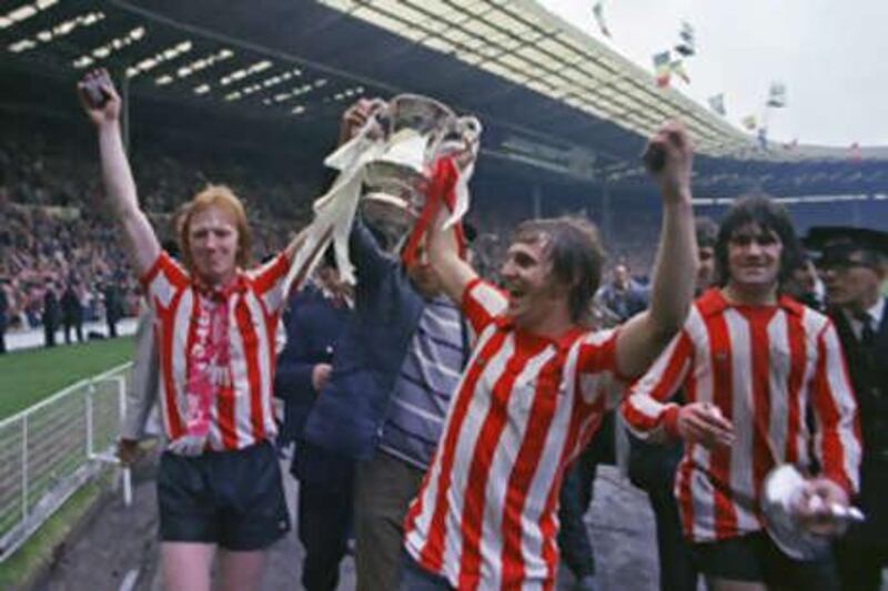 Mike Horswill, left, and Ian Porterfield, celebrate Sunderland's FA Cup win over Leeds united in 1973.