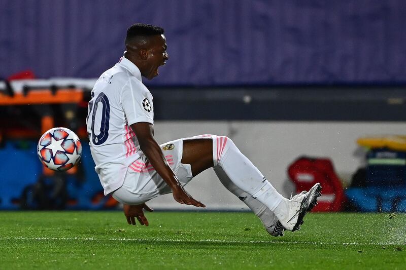 Real Madrid's Brazilian forward Vinicius Junior falls. AFP