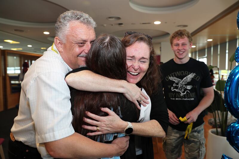 Naja Lena celebrating with her family after getting the IB results at the GEMS Wellington Academy in Silicon Oasis in Dubai. All photos: Pawan Singh / The National