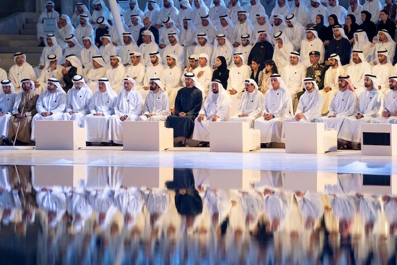 ABU DHABI, UNITED ARAB EMIRATES - November 30, 2019: (front row R-L) HH Sheikh Hamdan bin Zayed Al Nahyan, Ruler’s Representative in Al Dhafra Region, HH Sheikh Mohamed bin Saud bin Saqr Al Qasimi, Crown Prince and Deputy Ruler of Ras Al Khaimah, HH Sheikh Ammar bin Humaid Al Nuaimi, Crown Prince of Ajman, HH Sheikh Hamdan bin Mohamed Al Maktoum, Crown Prince of Dubai, HH Sheikh Saud bin Saqr Al Qasimi, UAE Supreme Council Member and Ruler of Ras Al Khaimah, HH Sheikh Humaid bin Rashid Al Nuaimi, UAE Supreme Council Member and Ruler of Ajman, HH Dr Sheikh Sultan bin Mohamed Al Qasimi, UAE Supreme Council Member and Ruler of Sharjah, HH Sheikh Mohamed bin Zayed Al Nahyan, Crown Prince of Abu Dhabi and Deputy Supreme Commander of the UAE Armed Forces, HH Sheikh Mohamed bin Rashid Al Maktoum, Vice-President, Prime Minister of the UAE, Ruler of Dubai and Minister of Defence, HH Sheikh Hamad bin Mohamed Al Sharqi, UAE Supreme Council Member and Ruler of Fujairah, HH Sheikh Saud bin Rashid Al Mu'alla, UAE Supreme Council Member and Ruler of Umm Al Quwain, HH Sheikh Sultan bin Mohamed Al Qasimi, Crown Prince of Sharjah, HH Sheikh Mohamed bin Hamad Al Sharqi, Crown Prince of Fujairah, HH Sheikh Saif bin Mohamed Al Nahyan, and HH Sheikh Issa bin Zayed Al Nahyan, attend a Commemoration Day ceremony at Wahat Al Karama, a memorial dedicated to the memory of UAE’s National Heroes in honour of their sacrifice and in recognition of their heroism.
( Ryan Carter / Ministry of Presidential Affairs )