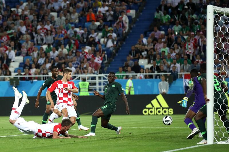 Match 8: Oghenekaro Etebo of Nigeria scores an own goal against Croatia. Getty