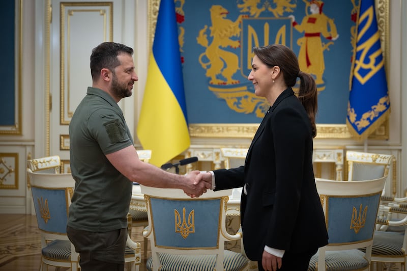 Mariam Al Mheiri, Minister of Climate Change and Environment, and Minister of State for Food Security, met President Volodymyr Zelenskyy in Kyiv. All Photos: Wam
