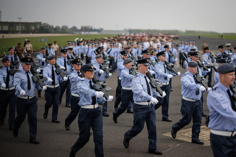 RAF personnel parade during Sunday's coronation  procession practice run. Getty