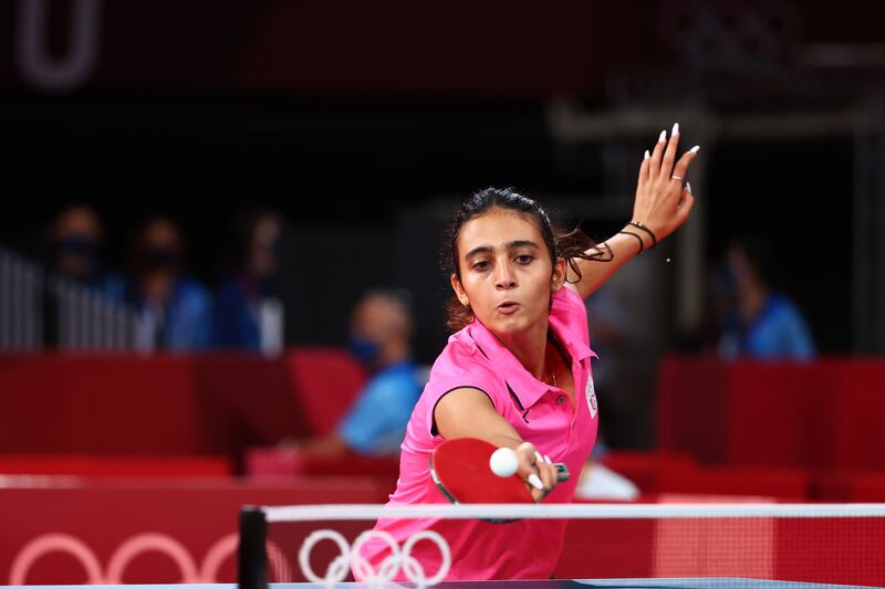 Fadwa Garci of Tunisia in action against Bolor-Erdene Batmunkh of Mongolia in the women's singles table tennis event. Garci went down fighting 5-11, 11-6, 12-10, 11-6, 11-7 after winning the first game.