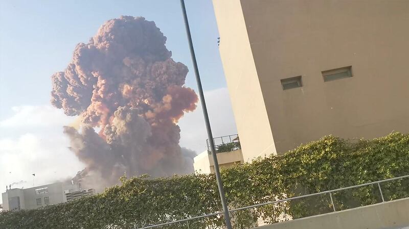 Smoke rises after an explosion in Beirut, Lebanon August 4, 2020, in this picture obtained from a social media video. Karim Sokhn/Instagram/Ksokhn + Thebikekitchenbeirut/via REUTERS THIS IMAGE HAS BEEN SUPPLIED BY A THIRD PARTY. MANDATORY CREDIT. NO RESALES. NO ARCHIVES.