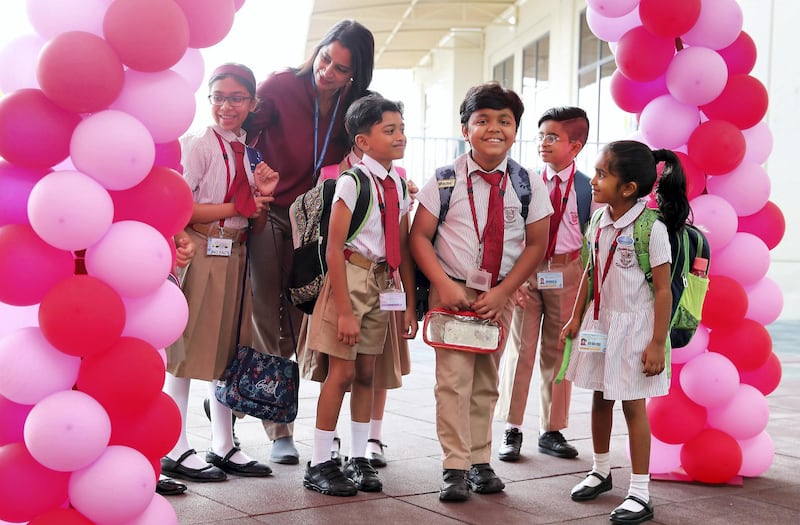 DUBAI ,  UNITED ARAB EMIRATES , SEPTEMBER 1 – 2019 :- Students coming to school on the first day after the summer break at the GEMS New Millennium School on Al Khail Road in Dubai. ( Pawan Singh / The National ) For News. Story by Anam