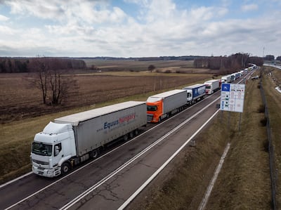 Goods lorries line up at the border crossing in Korczowa, south-east Poland.  AFP