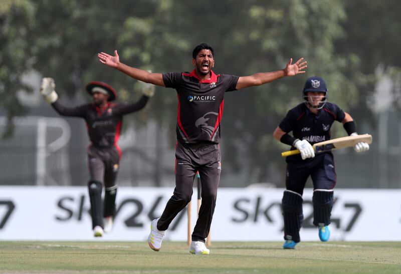UAE bowler Junaid Siddique appeals unsuccessfully for a wicket.