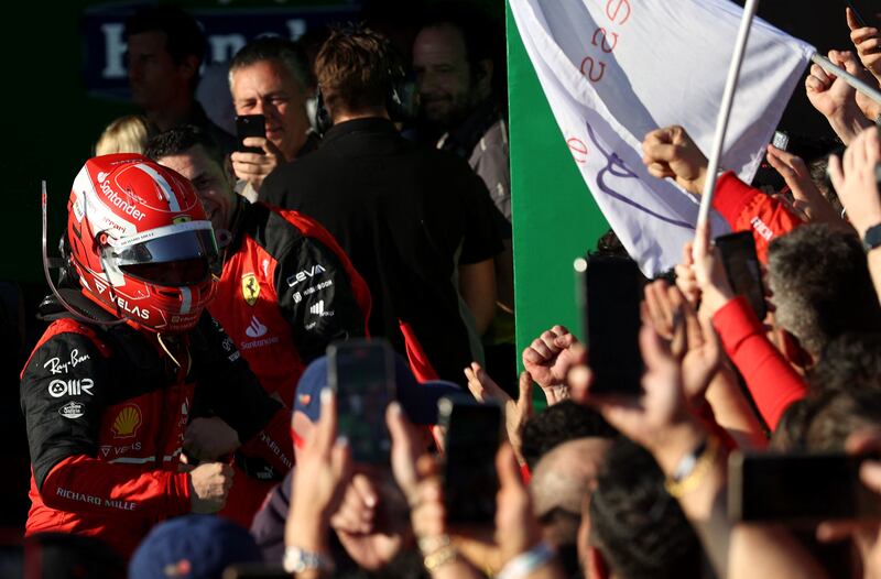 Charles Leclerc celebrates with his team and fans after winning the Australian Grand Prix. Reuters