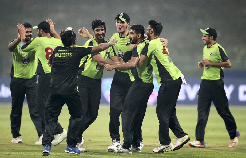 ABU DHABI , UNITED ARAB EMIRATES, October 06 , 2018 :- Players of Lahore Qalanders celebrating after winning  the Final of Abu Dhabi T20 cricket match between Lahore Qalanders vs Multiply Titans held at Zayed Cricket Stadium in Abu Dhabi. ( Pawan Singh / The National )  For Sports/News/Instagram/Online. Story by Amith