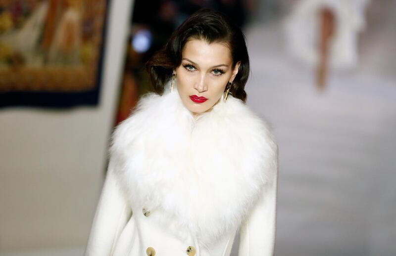 epa08248857 US model Bella Hadid presents a creation from the Fall-Winter 2020/21 women's collection by Lanvin fashion house during the Paris Fashion Week, in Paris, France, 26 February 2020. The Fall-Winter 2020/21 women's collection runs from 24 February to 03 March 2020.  EPA-EFE/IAN LANGSDON