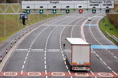 A lorry arrives at the Eurotunnel check-in, following the end of the Brexit transition period, in Folkstone, Britain. Reuters