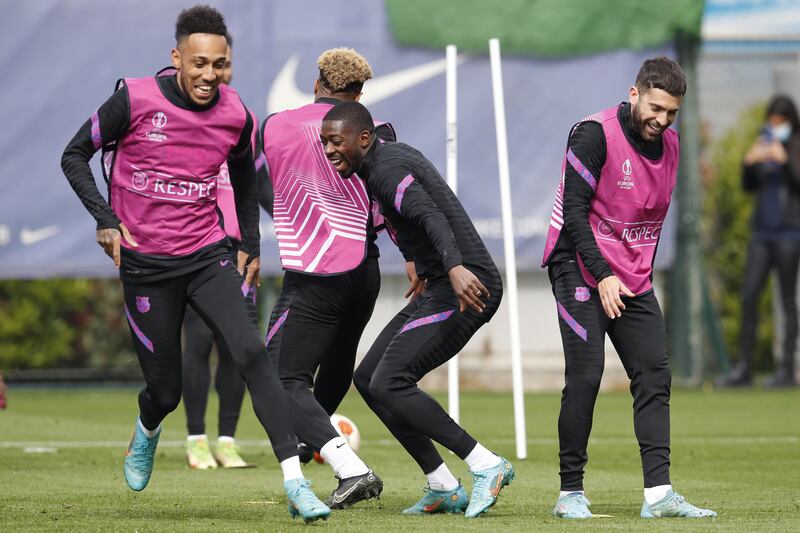 Barcelona's Jordi Alba, right, and Pierre-Emerick Aubameyang train for the Europa League clash with Galatasaray. EPA 