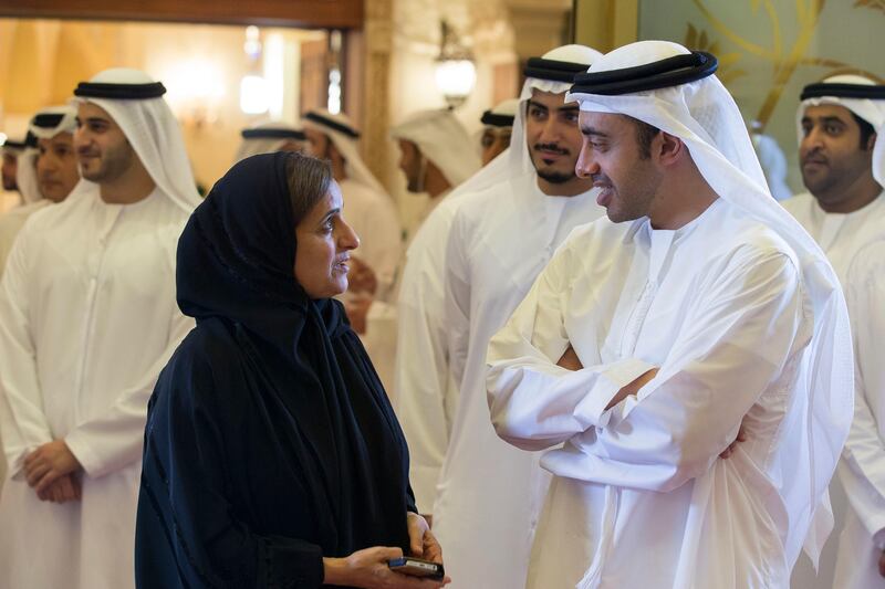 ABU DHABI, UNITED ARAB EMIRATES - July 01, 2014: HH Sheikh Abdullah bin Zayed Al Nahyan Minister of Foreign Affairs (R) speaks with HH Sheikha Lubna Al Qasimi UAE Minister of Development and International Co-operation (L), during an Iftar reception at Al Mushrif Palace. 

( Donald Weber / Crown Prince Court - Abu Dhabi  )
---