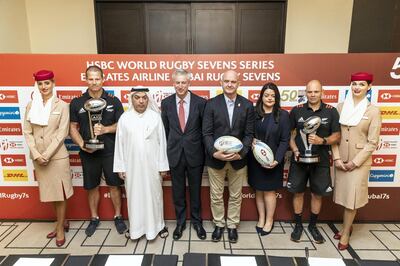 ABU DHABI, UNITED ARAB EMIRATES. 04 DECEMBER 2019. Emirates Airline Dubai Rugby Sevens Press Conference ahead of the tournament this coming weekend. LtoR: Tony Philip, High Performance Sevens Manager, New Zealand Men’s Team, Faiusal Al Zardooni, Vice President UAE Rugby Federation, Gary Chapman, President Emirates Group Services & Dnata, Douglas Langley, Men’s Series Director, HSBC World Rugby Sevens Series, Deidre O’Sullivan, Women’s Series Director, HSBC World Rugby Sevens Series and Corey Sweeney, Co-Coach New Zealand Women’s Team. (Photo: Antonie Robertson/The National) Journalist: Paul Radley. Section: Sport.
