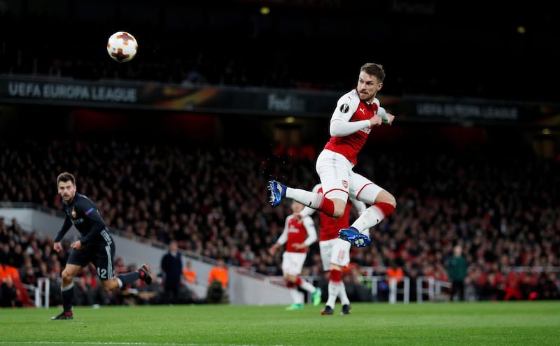 Soccer Football - Europa League Quarter Final First Leg - Arsenal vs CSKA Moscow - Emirates Stadium, London, Britain - April 5, 2018   Arsenal's Aaron Ramsey scores their third goal    REUTERS/Eddie Keogh     TPX IMAGES OF THE DAY