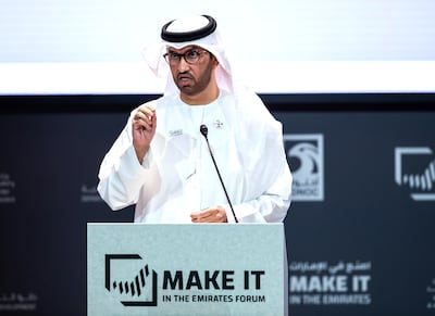 Dr Sultan Al Jaber, Minister of Industry and Advanced Technology, while speaking at a Make it in the Emirates forum. Victor Besa / The National