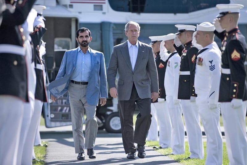 Sheikh Mohammed with US President George W Bush at Camp David, Maryland, in August 2008. AFP