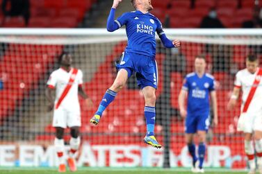 Leicester City's Jamie Vardy celebrates victory over Southampton in the FA Cup semi final at Wembley. PA