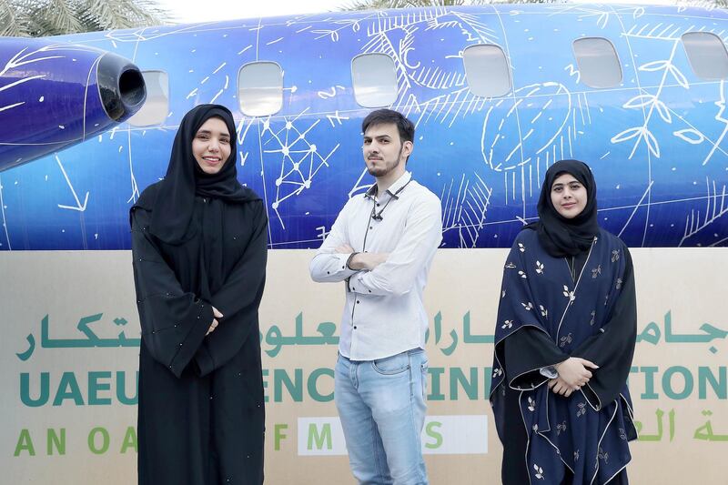 AL AIN , UNITED ARAB EMIRATES , DEC 18  – 2017 :- Left to Right –  Asra Hossein Rahmdel , Linovate , Yahya Iqelan , DWAK and Shamsa Abdulla Al Mazrouei , FEGI entrepreneurs and students of UAE University at Science & Innovation Park in the UAE University in Al Ain.  (Pawan Singh / The National) Story by Rosa