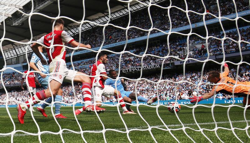 Manchester City's Gabriel Jesus scores their third goal. Reuters