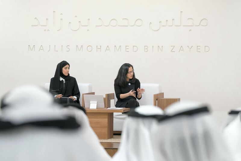 ABU DHABI, UNITED ARAB EMIRATES - May 23, 2018: Angela Duckworth (2nd L) delivers a lecture titled ‘True Grit: The Surprising, and Inspiring Science of Success’, at Majlis Mohamed bin Zayed. Seen with HE Hessa Essa Buhumaid, UAE Minister of Community Development (L).
 ( Mohamed Al Hammadi / Crown Prince Court - Abu Dhabi )
---