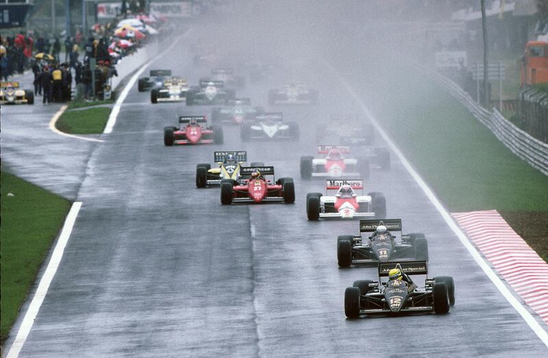 Ayrton Senna, Elio De Angelis, Lotus-Renault 97T, Grand Prix of Portugal, Estoril, 21 April 1985. (Photo by Paul-Henri Cahier/Getty Images)