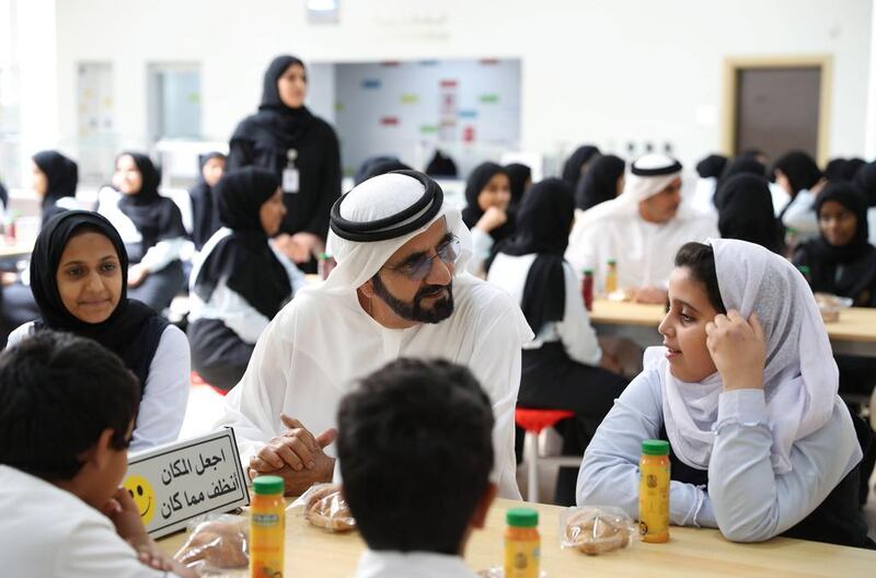 Sheikh Mohammed bin Rashid speaks to students at the Fatima bint Mubarak School in Ras Al Khaimah.  WAM