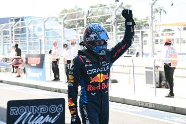 Red Bull Racing's Dutch driver Max Verstappen celebrates the pole position after the qualifying session for the 2024 Miami Formula One Grand Prix at Miami International Autodrome in Miami Gardens, Florida, on May 4, 2024.  (Photo by Jim WATSON  /  AFP)