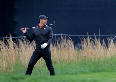 Rory McIlroy walks along the rough on the seventh hole during a practice round for the PGA Championship golf tournament, Tuesday, May 14, 2019, in Farmingdale, N.Y. (AP Photo/Julie Jacobson)