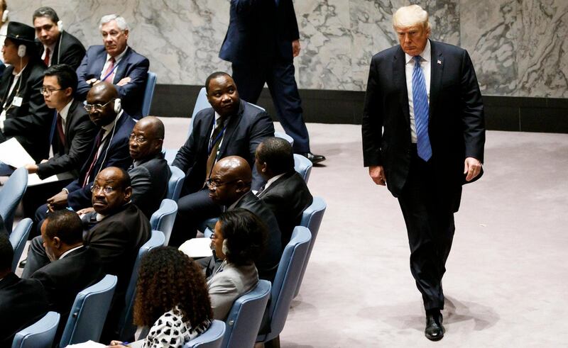 US President Donald J. Trump leaves an United Nations Security Council meeting about the non-proliferation of weapons of mass destruction on the sidelines of the General Debate of the 73rd session of the General Assembly of the UN at UN Headquarters.  EPA