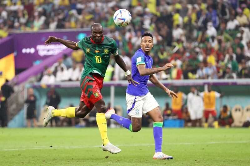 Vincent Aboubakar heads home as Cameroon beat Brazil 1-0 in their World Cup group-stage match at Lusail Stadium on December 2, 2022. Getty