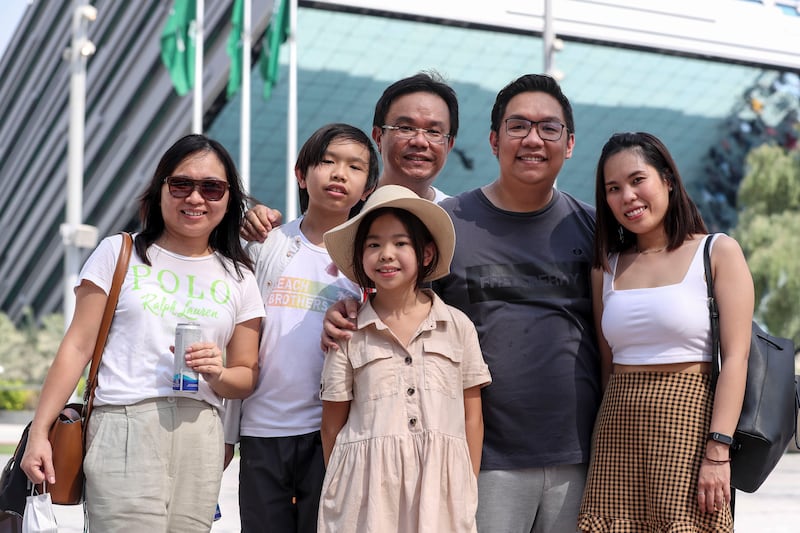 Originally from Malaysia, Dubai residents, from left, Lai-mei Fong, Justin Tah, Kara Tah, Tah-Kok Fofo, Tah-Kok Hong and Rachel Chiang visit Expo 2020 Dubai. All photos: Khushnum Bhandari / The National